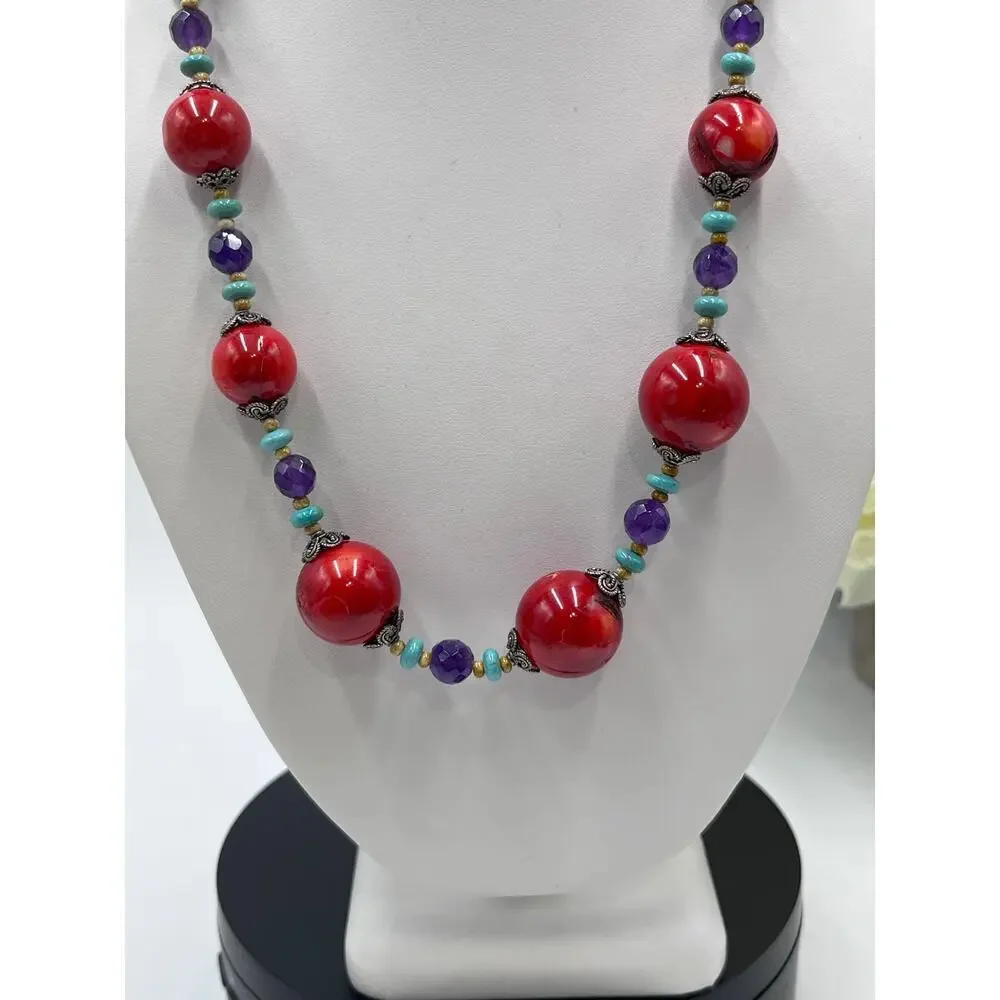 Artisan Made Coral‎ Amethyst Turquoise Sterling Silver Beaded Necklace